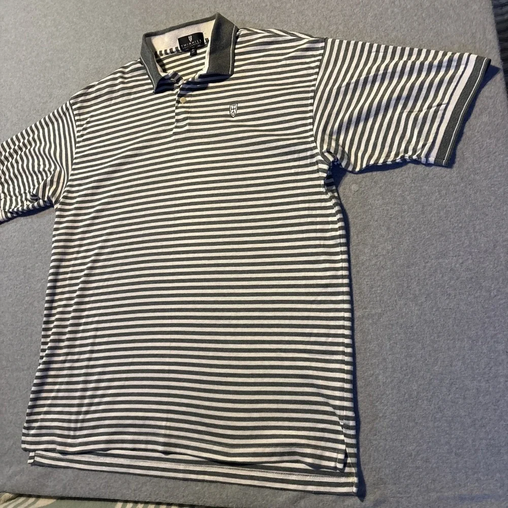 TWINHILL Golf Company Men's XL Gray White Striped Polo‎ Very Good Cond.